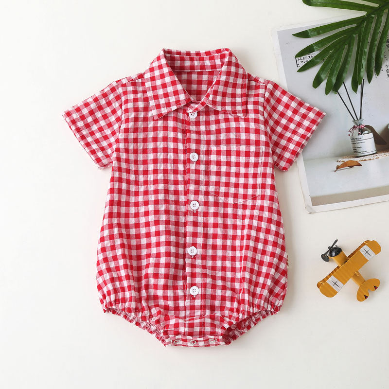 0-3 years old plaid one-piece romper newborn romper summer baby cotton short-sleeved shirt bag fart clothes baby and children's clothing