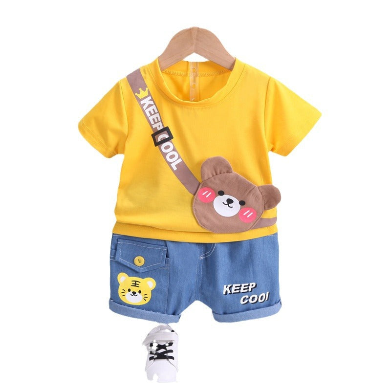 Summer Korean version of children's clothing children's short-sleeved shorts suit Western style baby summer clothing children's shoulder bag T-shirt cartoon suit 5