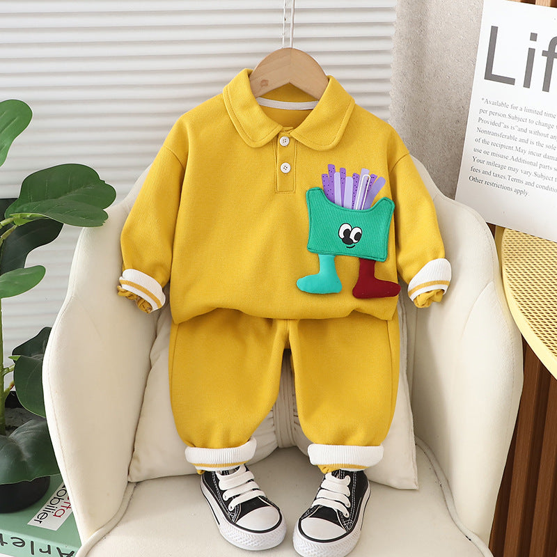 Children's spring and autumn lapel suits 2024 new style children's baby autumn clothes cartoon polo shirt sweater two-piece suit trendy