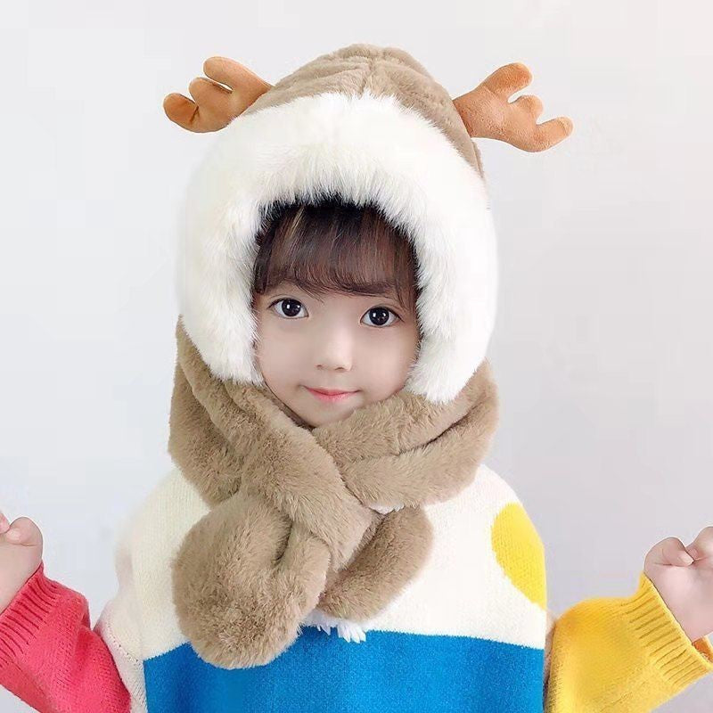 Winter children's hat scarf one-piece thick warm baby cute baby boys and girls animal windproof ear protection hat