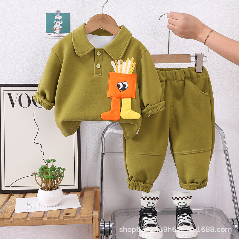 Boys spring and autumn polo shirt suit 2024 new handsome autumn clothes baby long-sleeved sweater two-piece suit trendy style