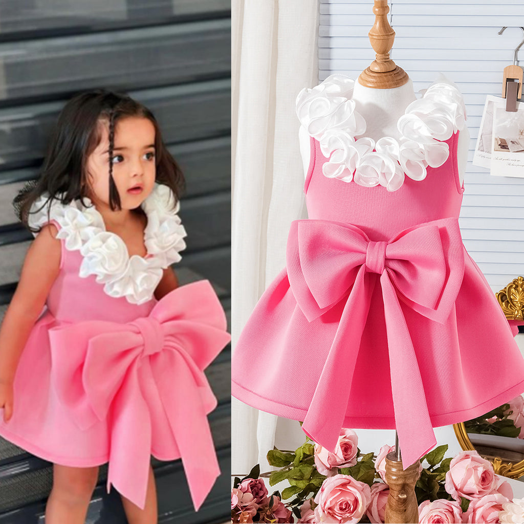 Cross-border European and American summer new girls suits small and medium-sized children's baby lace v-neck bow dress in stock