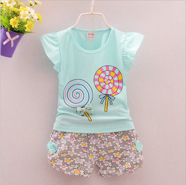 Korean children's clothing summer clothes girls summer cartoon flower vest suit 0-4 years old baby girl shorts two-piece suit trendy
