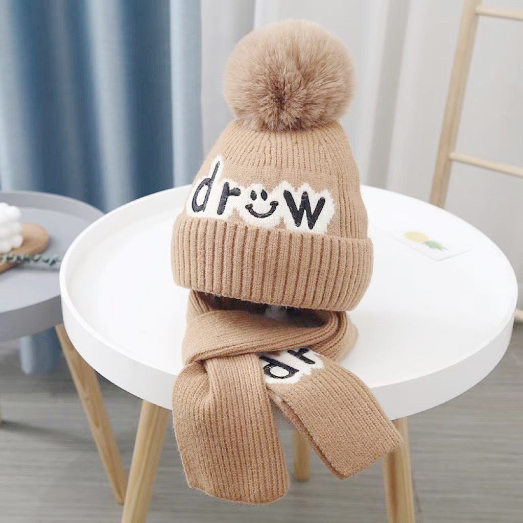 Children's hat scarf set for boys and girls winter warm cotton lining wool hat baby two-piece hat