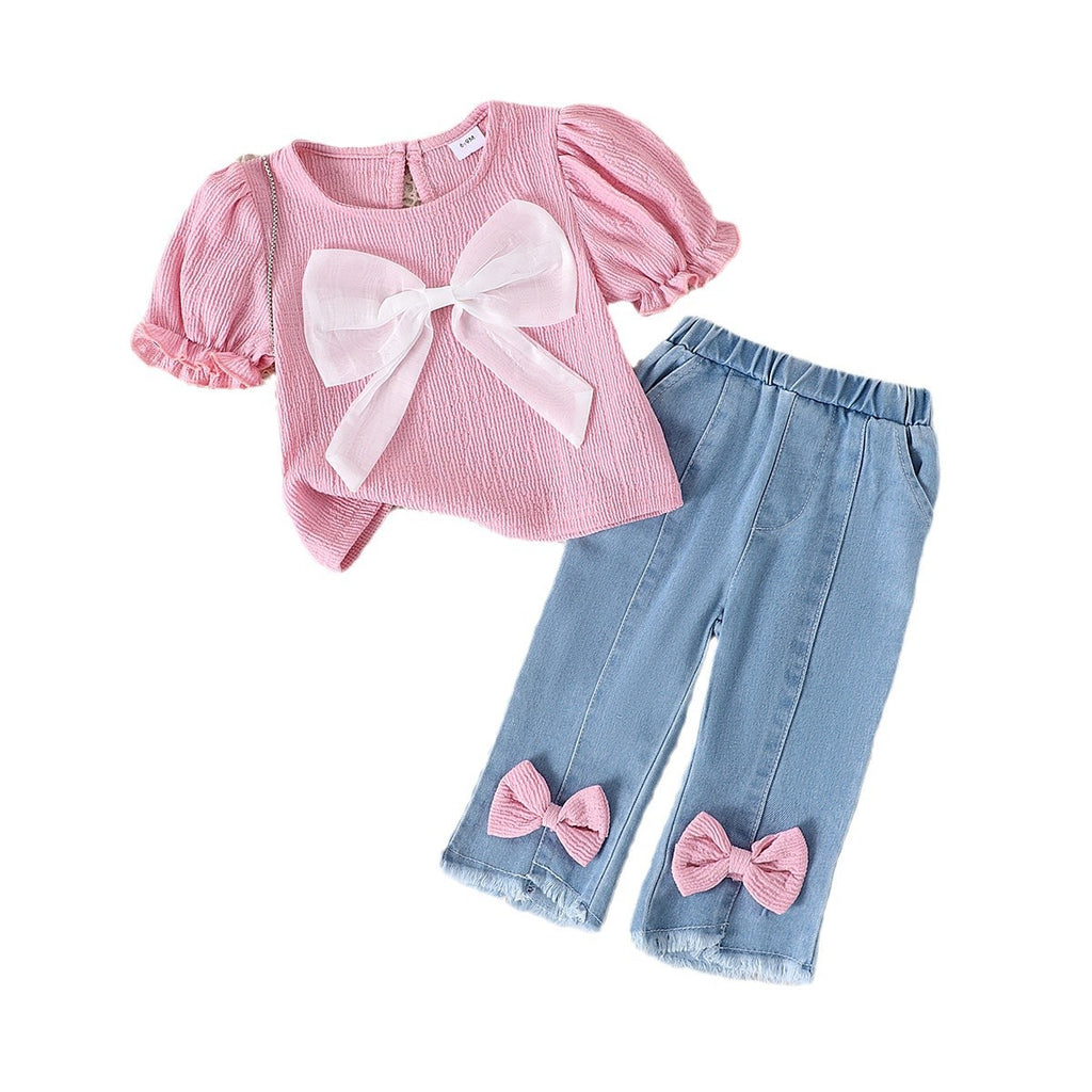 Amazon cross-border children's clothing European and American summer puff sleeve three-dimensional bow top denim trousers baby and toddler suit
