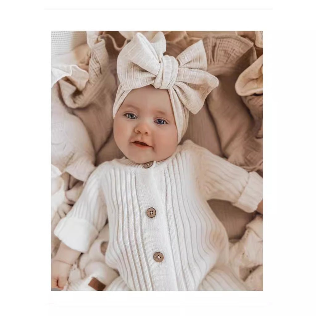 Korean version of ins style baby jumpsuit autumn and winter clothes solid color striped knitted crawling clothes boys and girls baby sweater romper