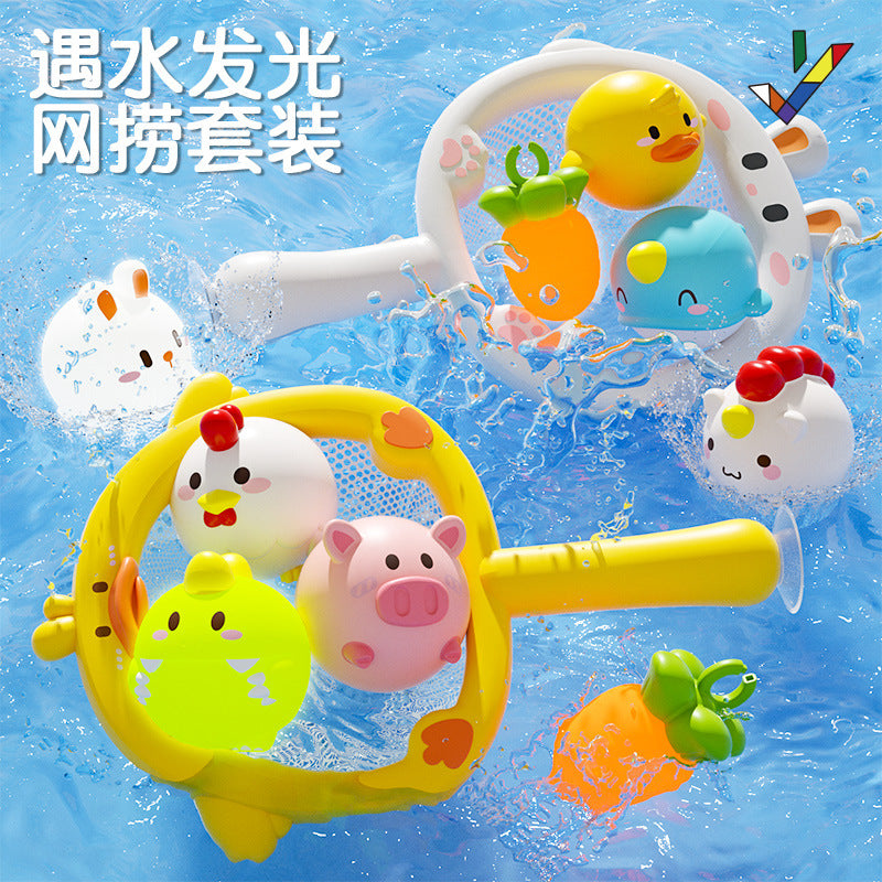 Cross-border baby bath toys baby net fishing little yellow duck children's swimming bathroom water play light toys 0-3 years old