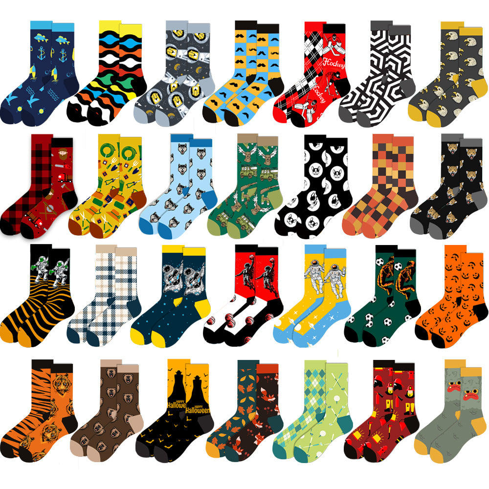 Original design Amazon autumn and winter animal socks astronaut men's socks geometric women's socks Halloween mid-calf socks