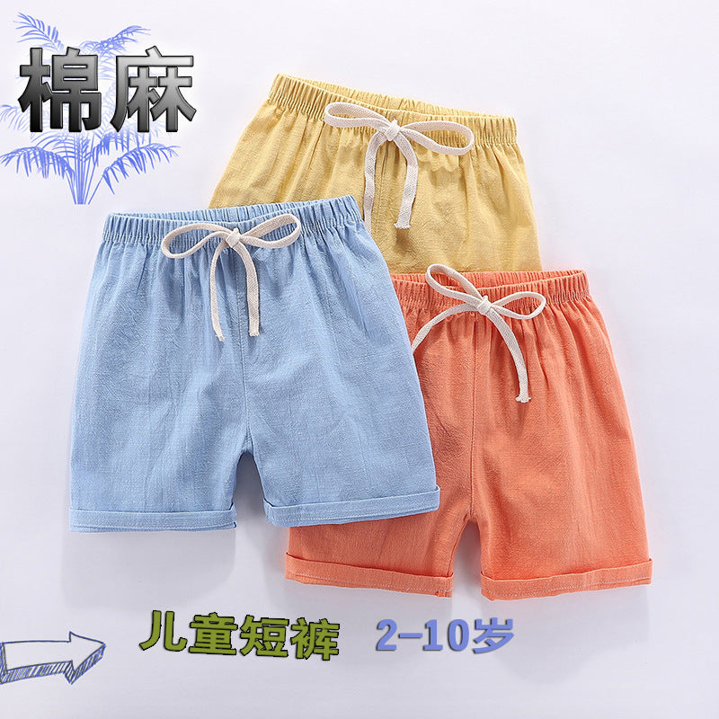 Children's shorts thin pure cotton and linen baby boys and girls outerwear pants shorts hot beach Da Maoren