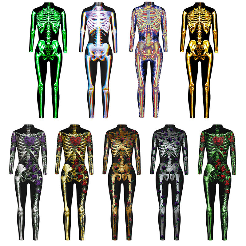 Amazon's new Halloween skeleton digital printing long-sleeved bodysuit slim fit slim cosplay costume