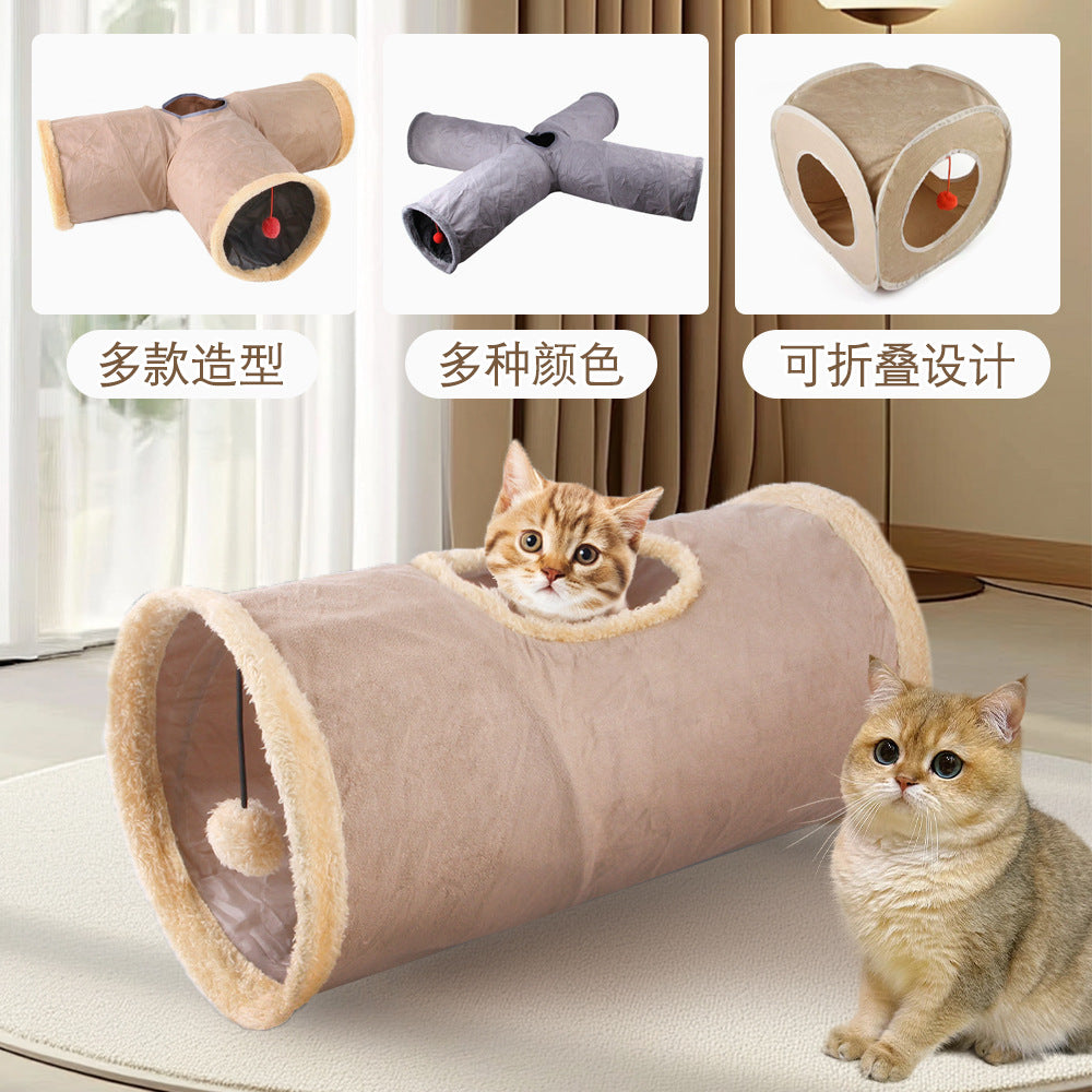 Plush pet cat tunnel cat rattle paper rolling dragon drilling hole foldable suede cat channel cat toy