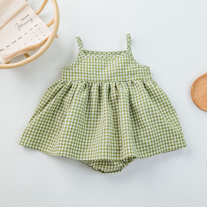 Korean version of ins children's clothing newborn clothes fart clothes thin baby bubble yarn plaid baby sling dress