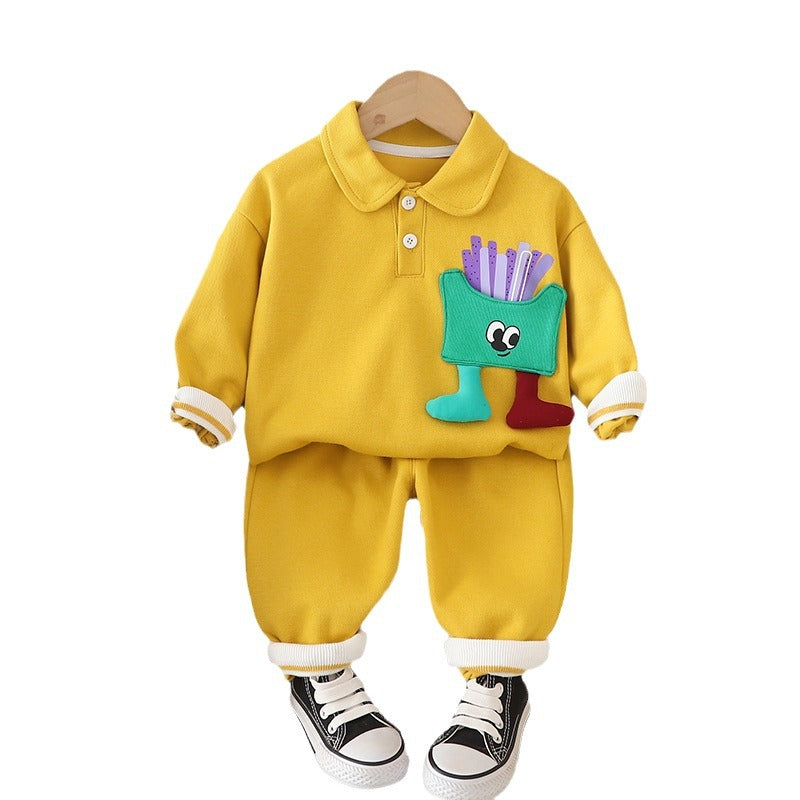 Children's spring and autumn lapel suits 2024 new style children's baby autumn clothes cartoon polo shirt sweater two-piece suit trendy