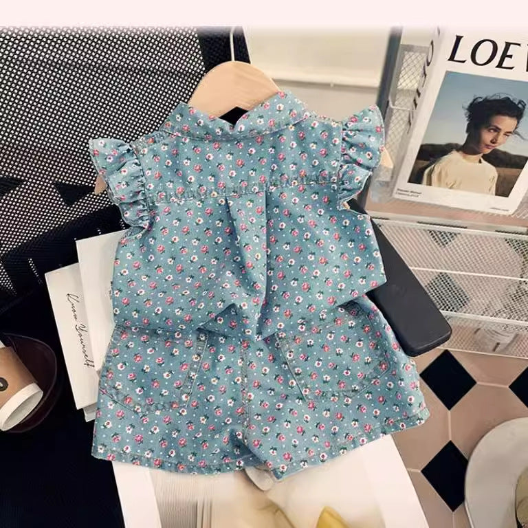 2024 Summer Girls Flying Sleeve Denim Printed Suit Baby Girl Fashion Single-Breasted Top Shorts Two-piece Suit