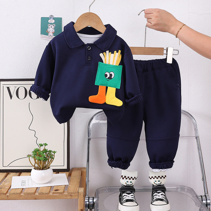 Boys spring and autumn polo shirt suit 2024 new handsome autumn clothes baby long-sleeved sweater two-piece suit trendy style