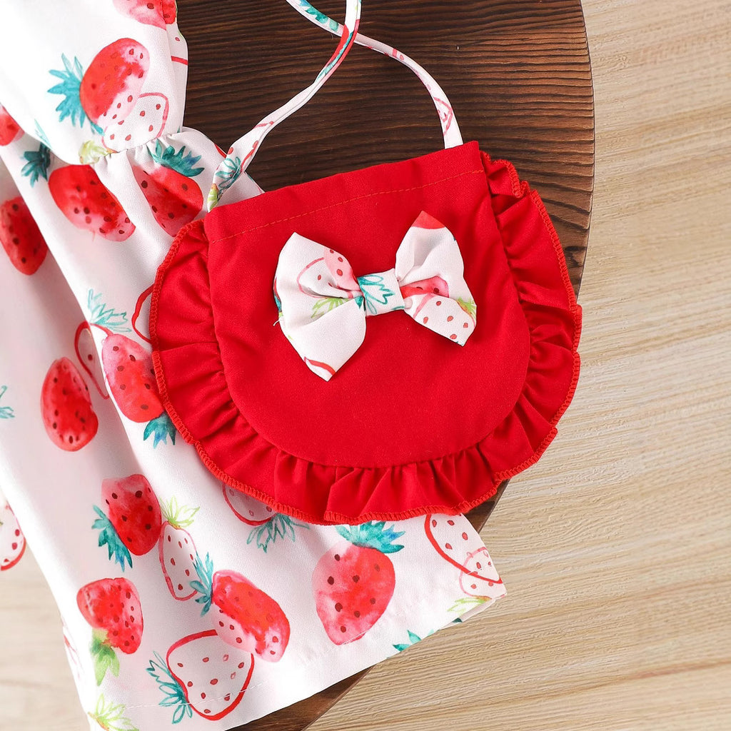Cross-border European and American shein summer cute baby girl suit infant flying sleeve strawberry print dress shoulder bag