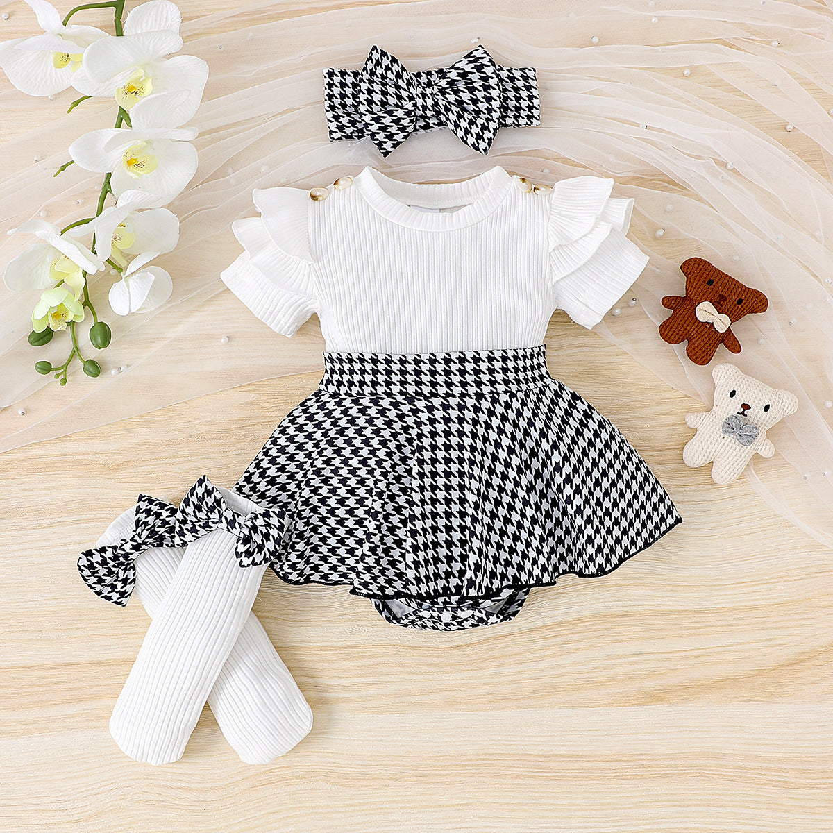 Foreign trade cross-border European and American summer baby and toddler flying sleeves short-sleeved striped romper pants skirt socks headdress three-piece suit