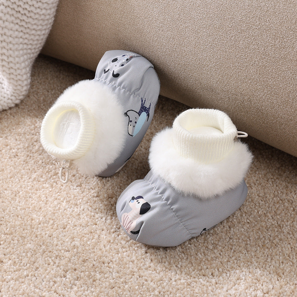 Autumn and winter infant shoes plus velvet 0-1 year old baby soft sole non-falling cotton shoes keep warm newborn full moon shoes and socks