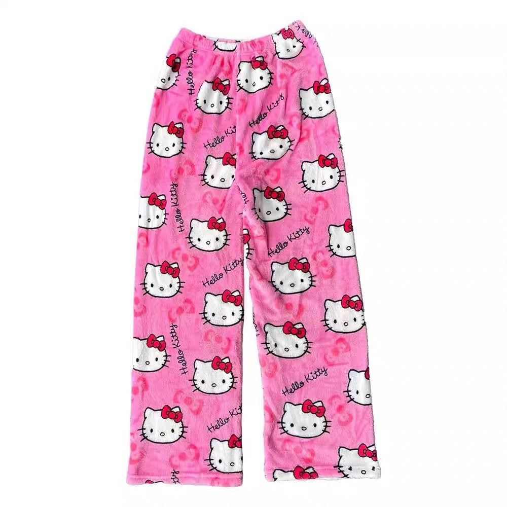 Foreign trade Halloween cartoon KT cat flannel pajamas women autumn and winter plus velvet warm leisure home graffiti pants