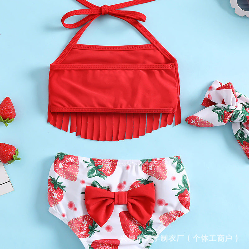 2024 summer new style girls baby girl split sports swimsuit tassel 3-piece set hot spring manufacturer wholesale