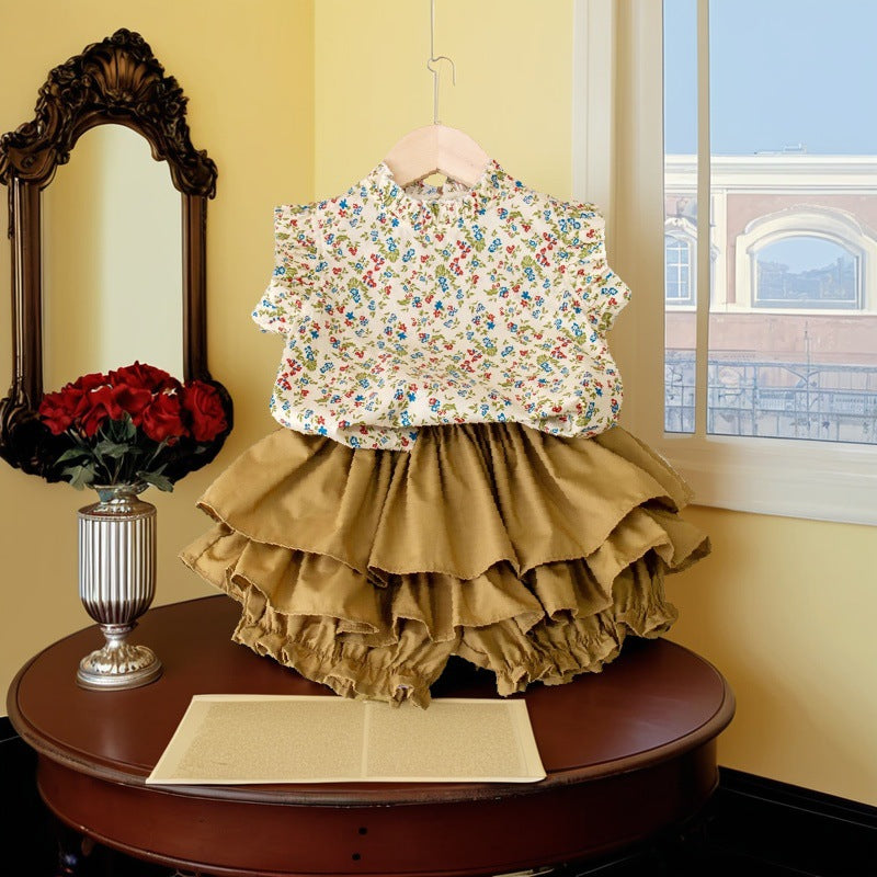 Children's clothing girls Korean version 2025 summer floral stand collar flying sleeves baby shirt khaki cake skirt pants two-piece summer clothes