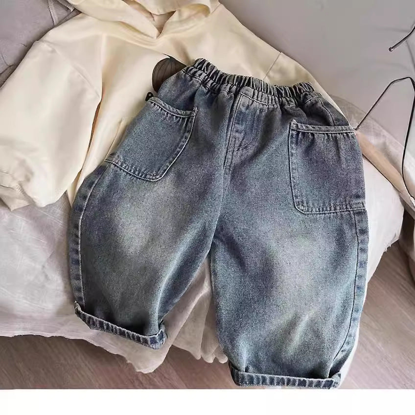 Children's 2025 spring and autumn new small and medium-sized children's baby casual trousers stylish side pocket grinding white boys jeans