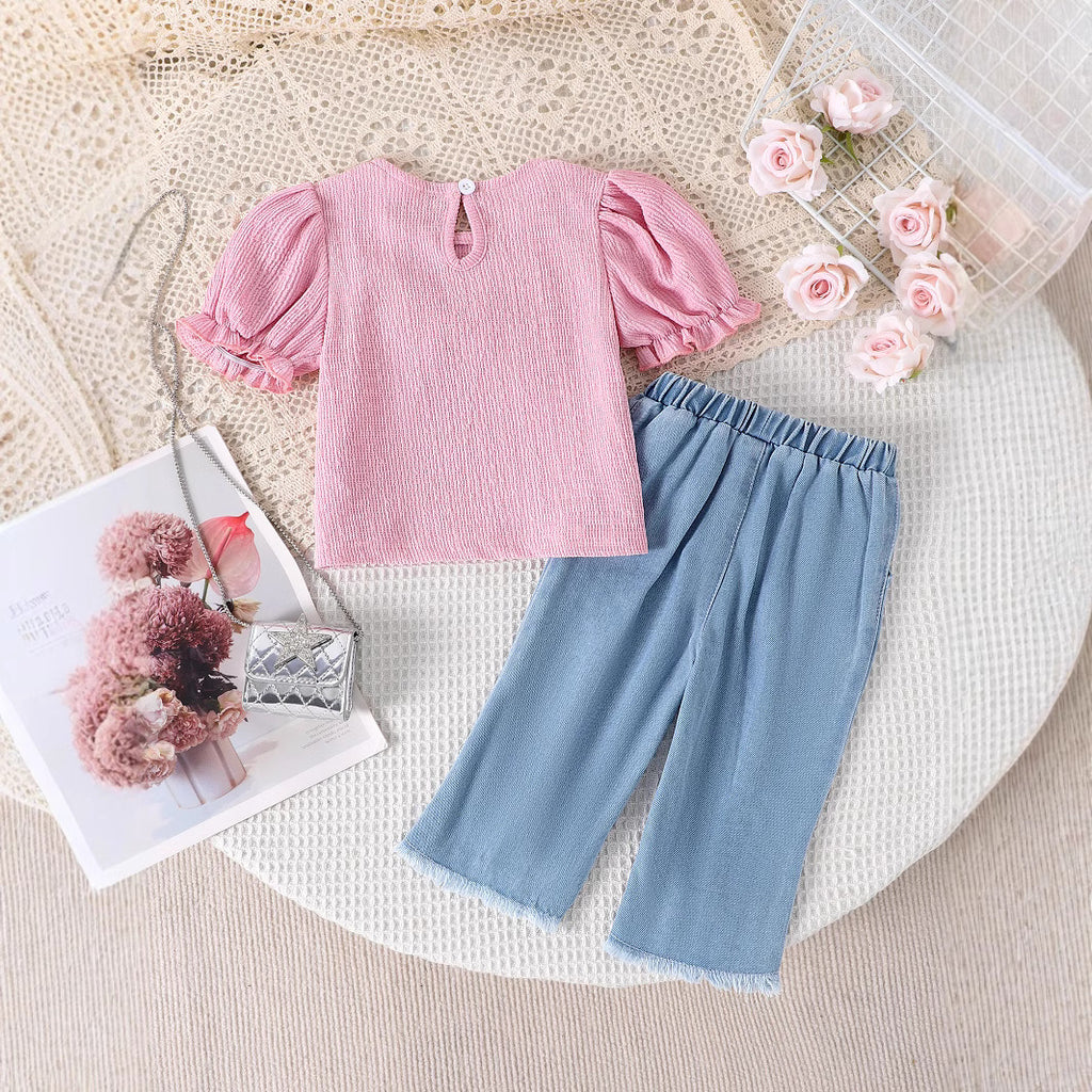 Amazon cross-border children's clothing European and American summer puff sleeve three-dimensional bow top denim trousers baby and toddler suit