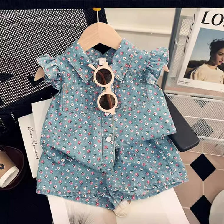 2024 Summer Girls Flying Sleeve Denim Printed Suit Baby Girl Fashion Single-Breasted Top Shorts Two-piece Suit