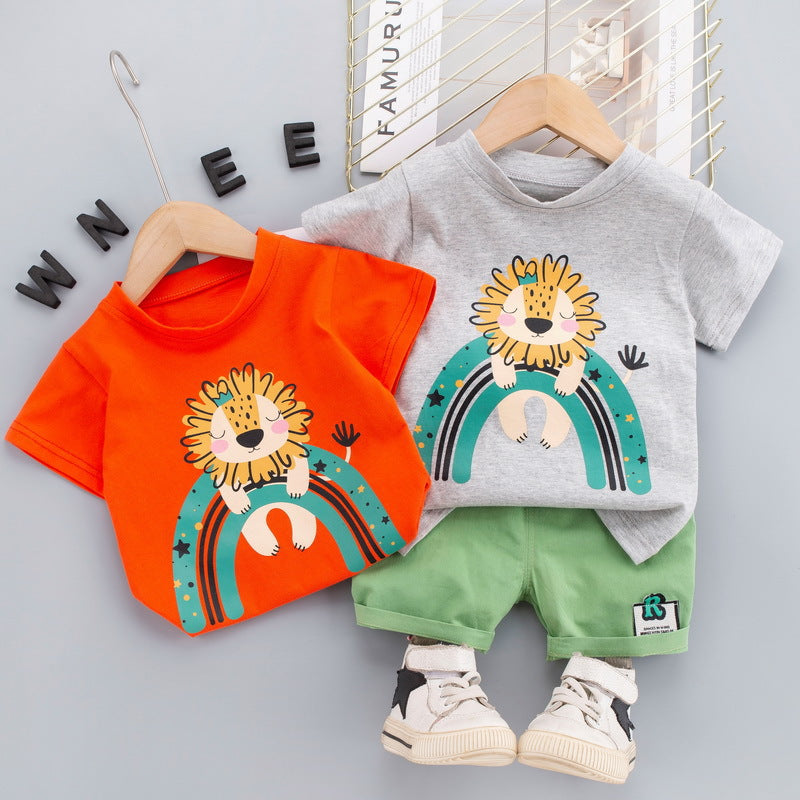 Children's college style suit 2024 summer boys cartoon lion two-piece suit baby boy stylish short-sleeved shorts suit