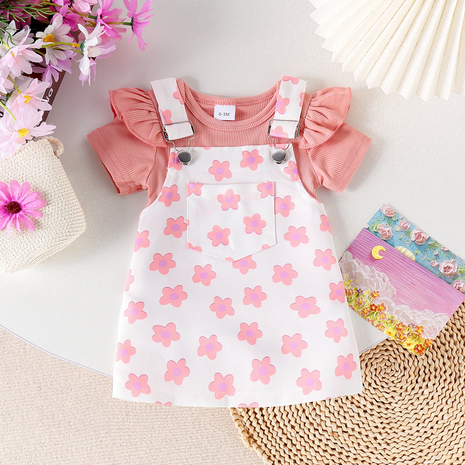Cross-border Korean cute baby and toddler suits Summer flying sleeves open crotch inner wear Flower print suspender skirt two-piece suit