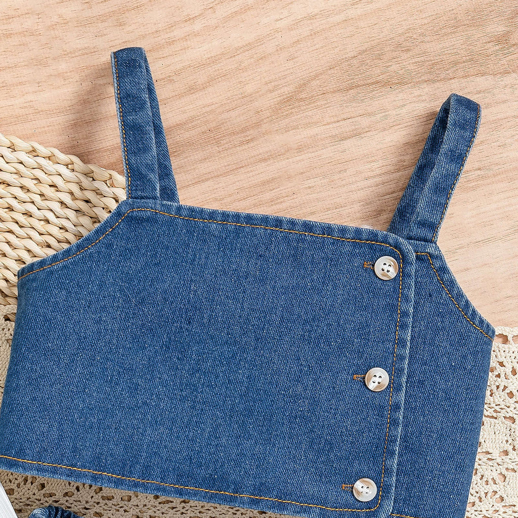 Amazon European and American hot selling baby girl summer suit puff sleeve short sleeve vest denim pants three pieces