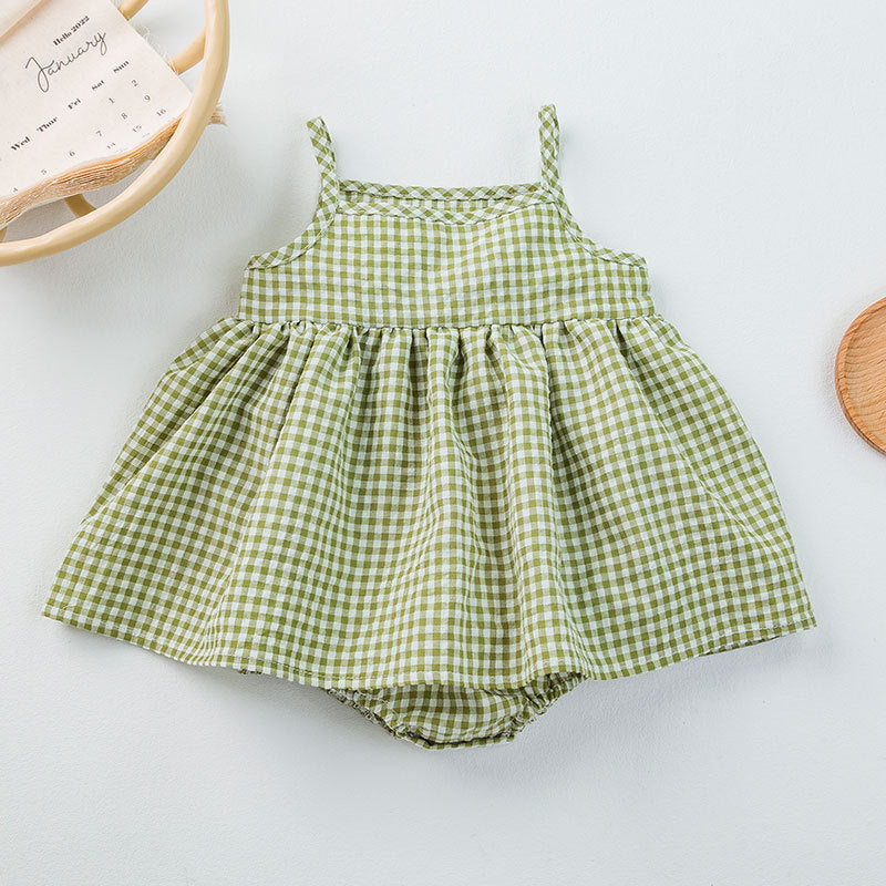 Korean version of ins children's clothing newborn clothes fart clothes thin baby bubble yarn plaid baby sling dress