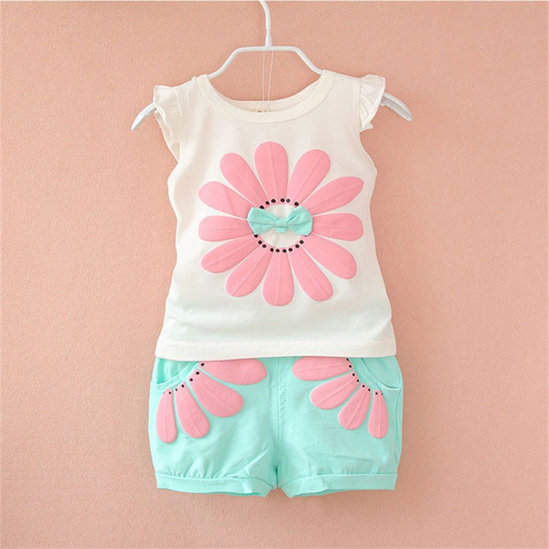Korean children's clothing summer clothes girls summer cartoon flower vest suit 0-4 years old baby girl shorts two-piece suit trendy