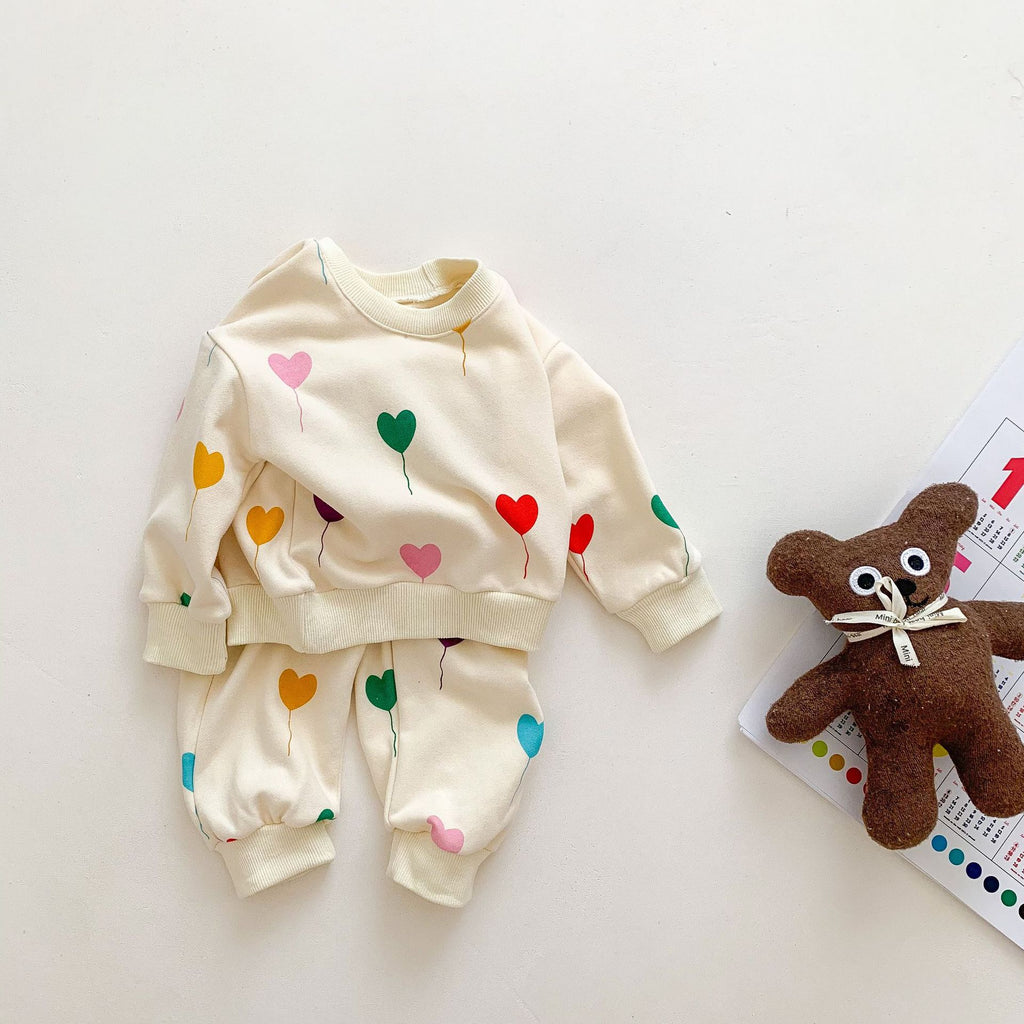 Korean version of infants and young children's spring and autumn ins love printing fashionable boys and girls sweatshirt baby comfortable two-piece suit