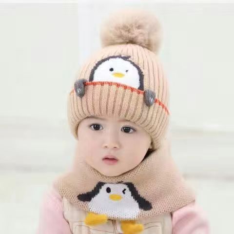 New autumn and winter children's warm hats cute bear double ball hats infant baby warm ear protection knitted wool hat