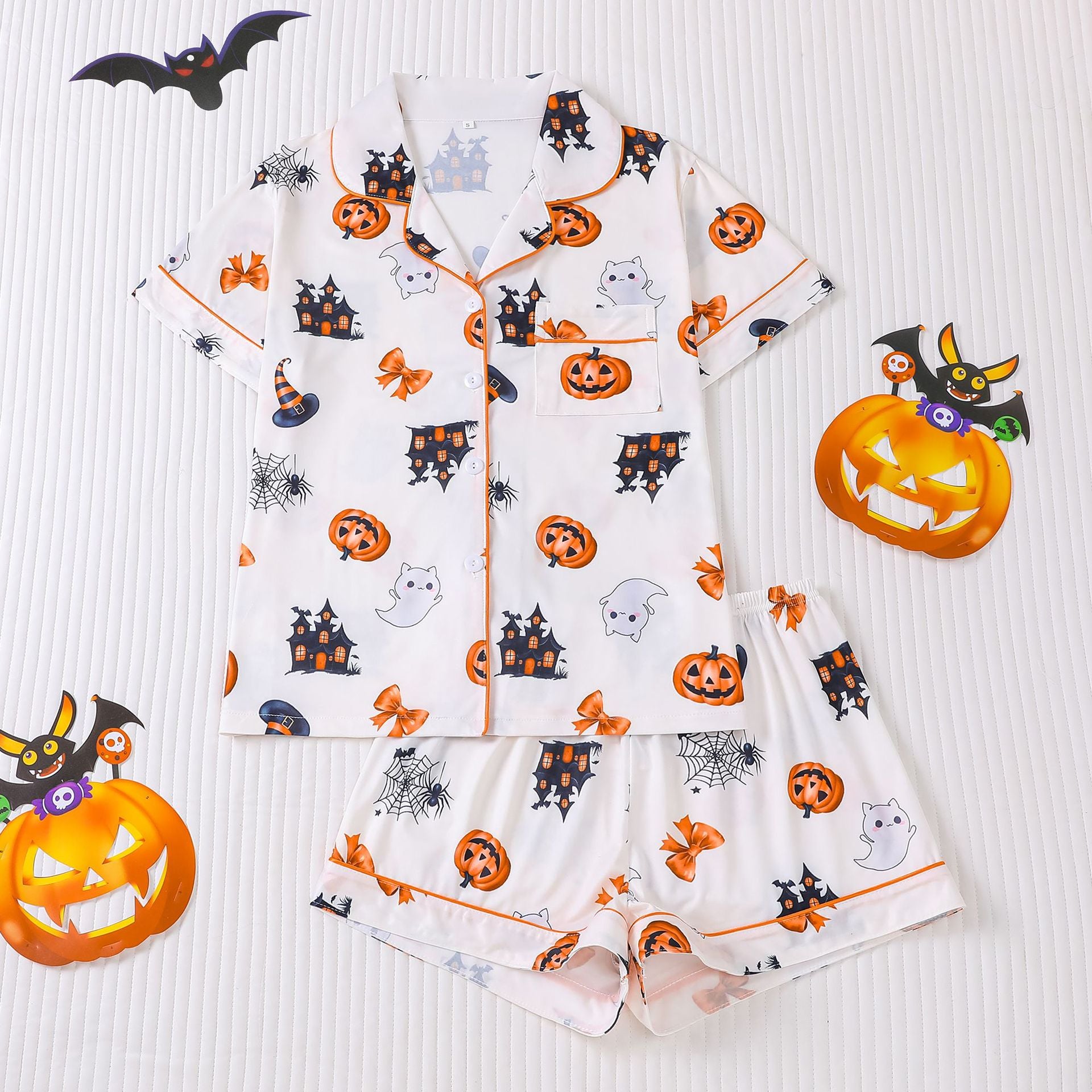 Cross-border foreign trade new European and American women's pajamas Halloween print lapel short-sleeved shorts European and American home clothes suit