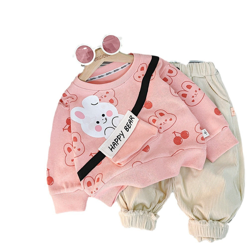 2024 Spring New Boys Girls Full Print Cartoon Round Neck Long Sleeve Suit Baby Casual Pants Two-piece Suit Trendy