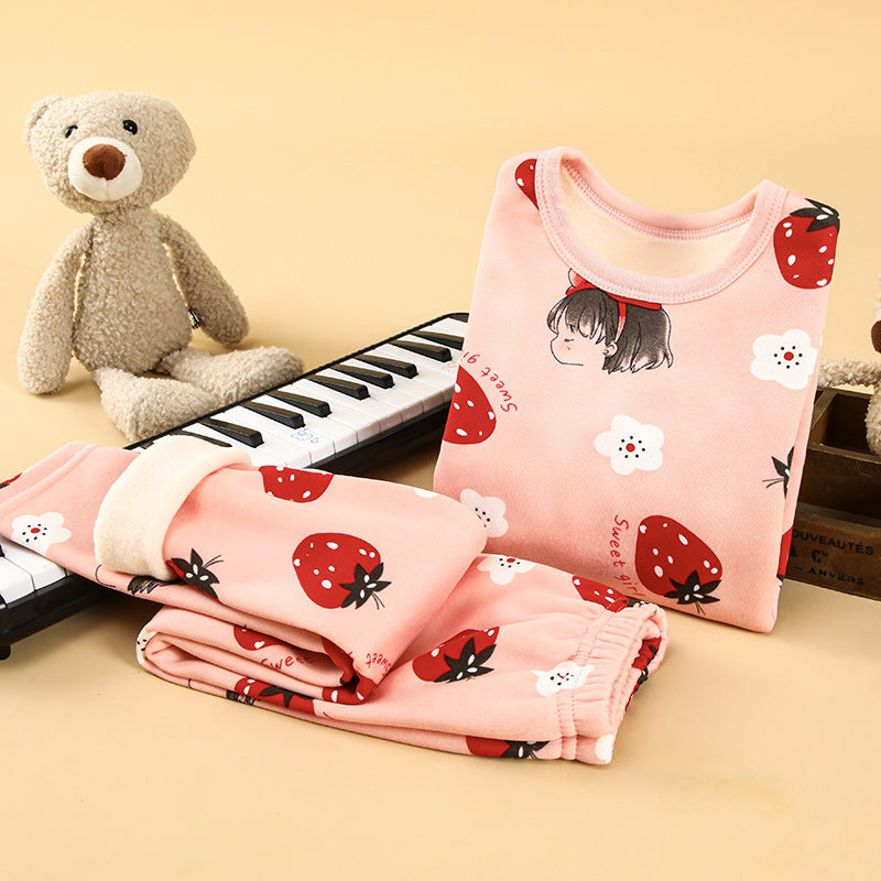 Children's thermal underwear set plus velvet and thickened winter boys' baby autumn clothes autumn pants girls' warm clothing set