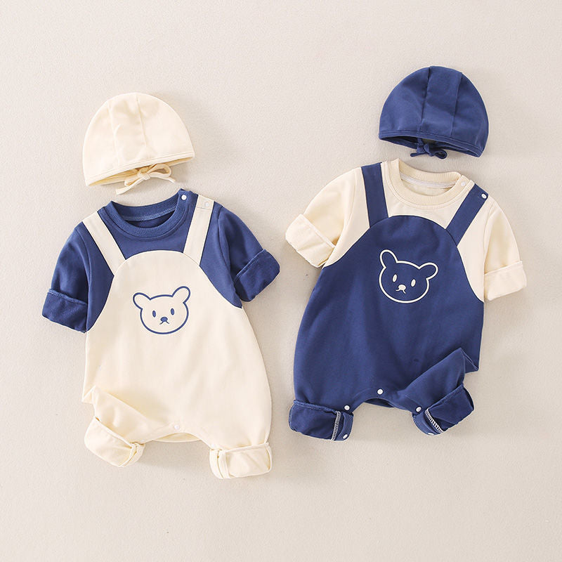Newborn baby autumn clothes cute super cute baby one-piece romper spring and autumn style full moon 100 days with hood outdoor crawling clothes