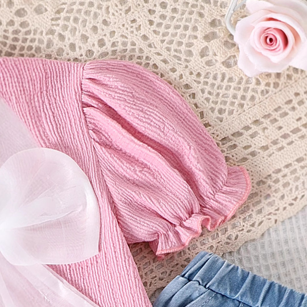 Amazon cross-border children's clothing European and American summer puff sleeve three-dimensional bow top denim trousers baby and toddler suit