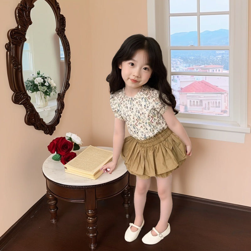 Children's clothing girls Korean version 2025 summer floral stand collar flying sleeves baby shirt khaki cake skirt pants two-piece summer clothes