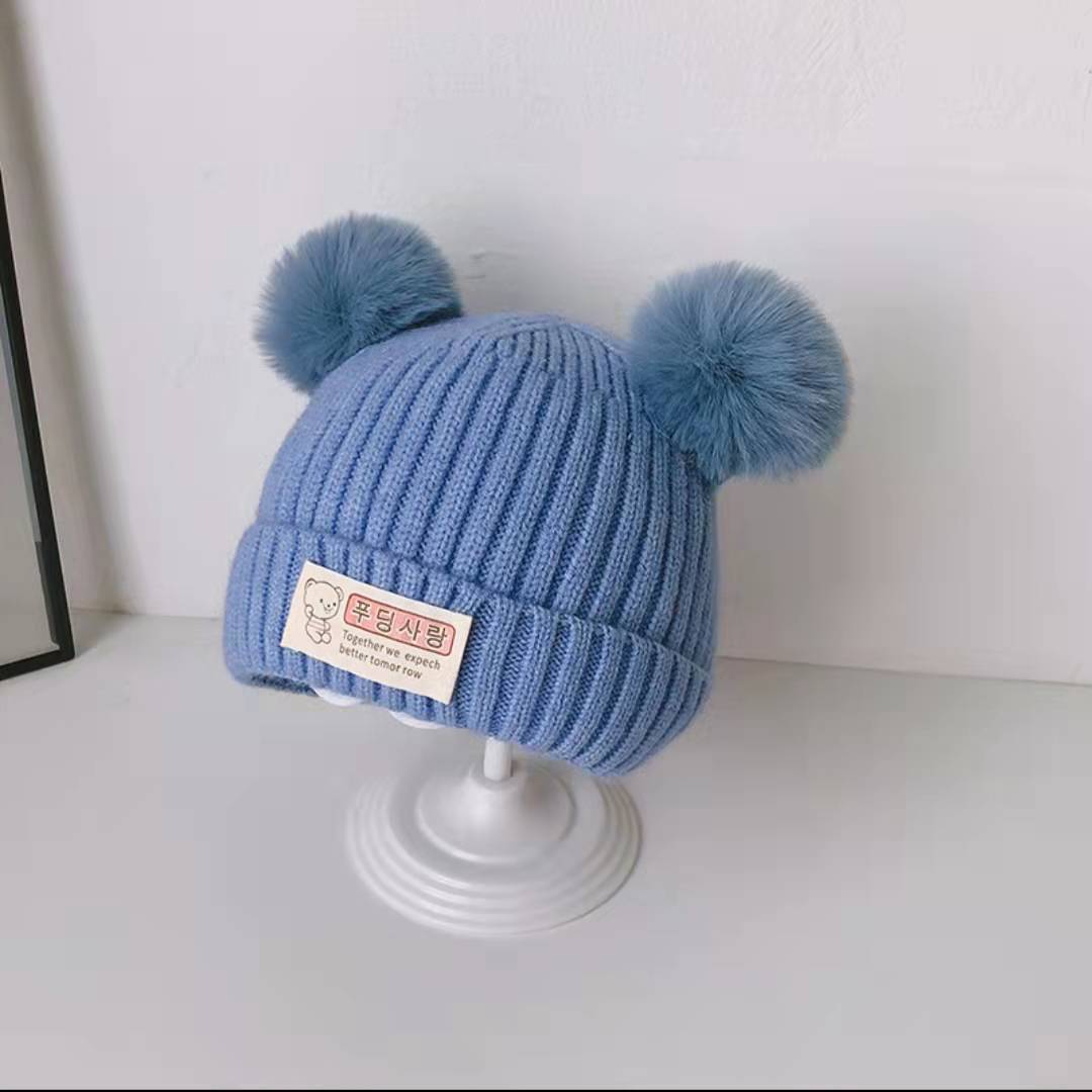 New autumn and winter children's warm hats cute bear double ball hats infant baby warm ear protection knitted wool hat