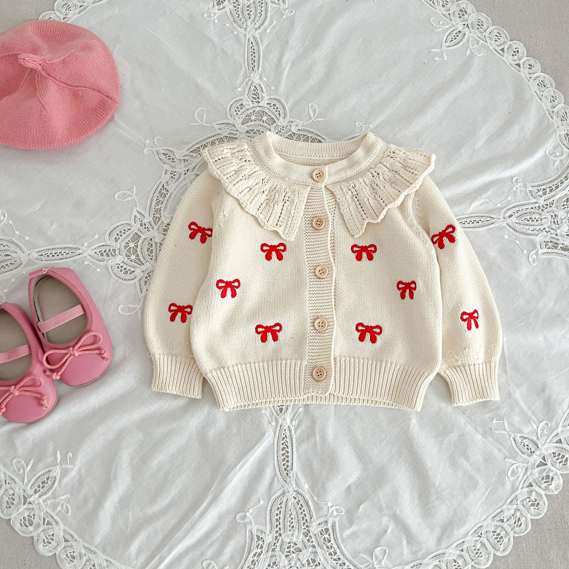 ins Korean baby coat embroidery knitted cardigan baby girl sweater cotton yarn princess top jumpsuit suit