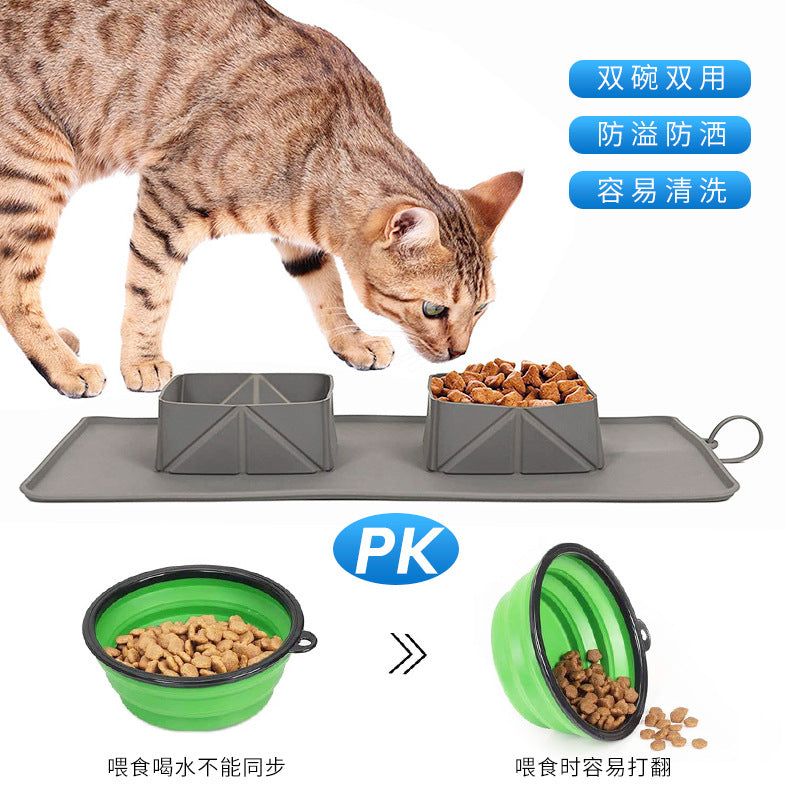 Pet Bowl Silicone Folding Pet Bowl Non-slip Dog Double Bowl Velvet Bag Dog Bowl Outdoor Pet Portable Dog Bowl