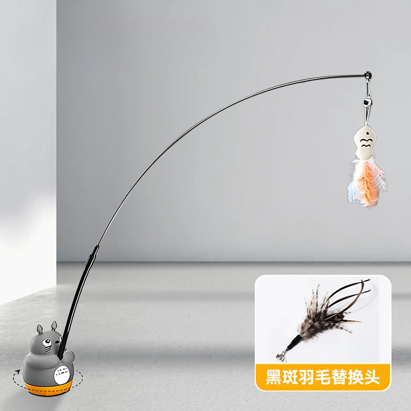 Cartoon chinchilla 360 rotating fishing cat teaser stick self-entertainment replaceable feather long rod cat teaser pet toy
