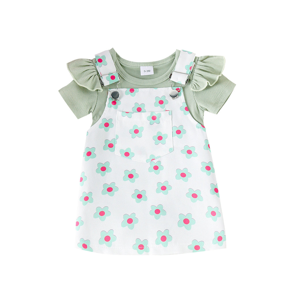 Cross-border Korean cute baby and toddler suits Summer flying sleeves open crotch inner wear Flower print suspender skirt two-piece suit