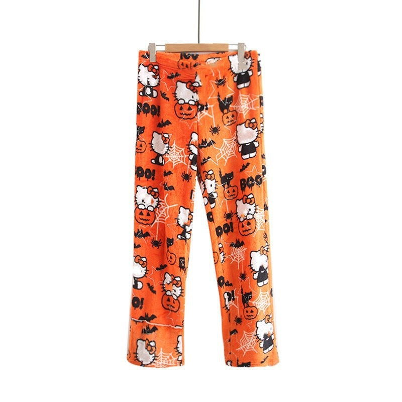 Foreign trade Halloween cartoon KT cat flannel pajamas women autumn and winter plus velvet warm leisure home graffiti pants