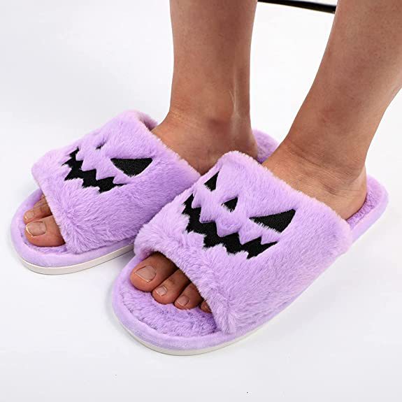 Cross-border plus size slippers female Halloween pumpkin lantern soft European and American plush open toe outer wear plush