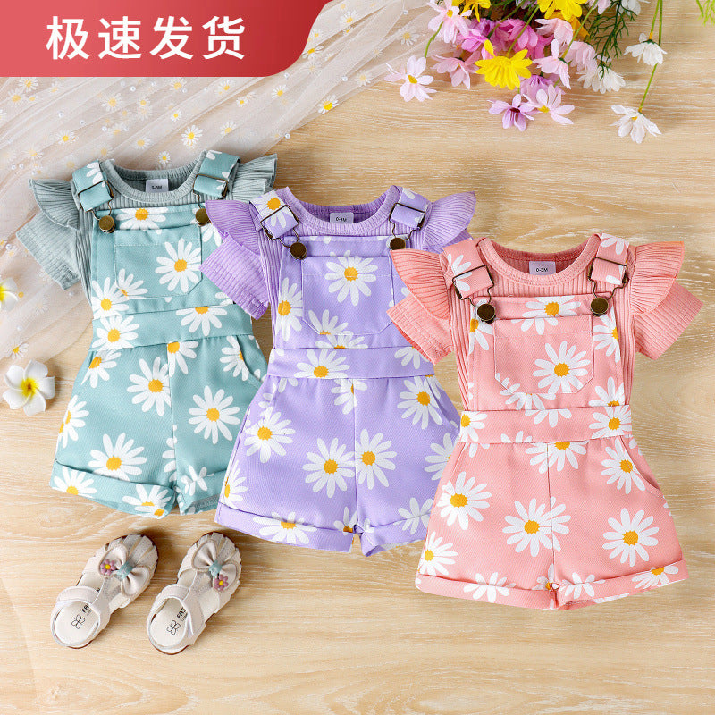 Baoxin children's clothing European and American summer ribbed flying sleeves baby romper multi-color printed flower overalls baby suit