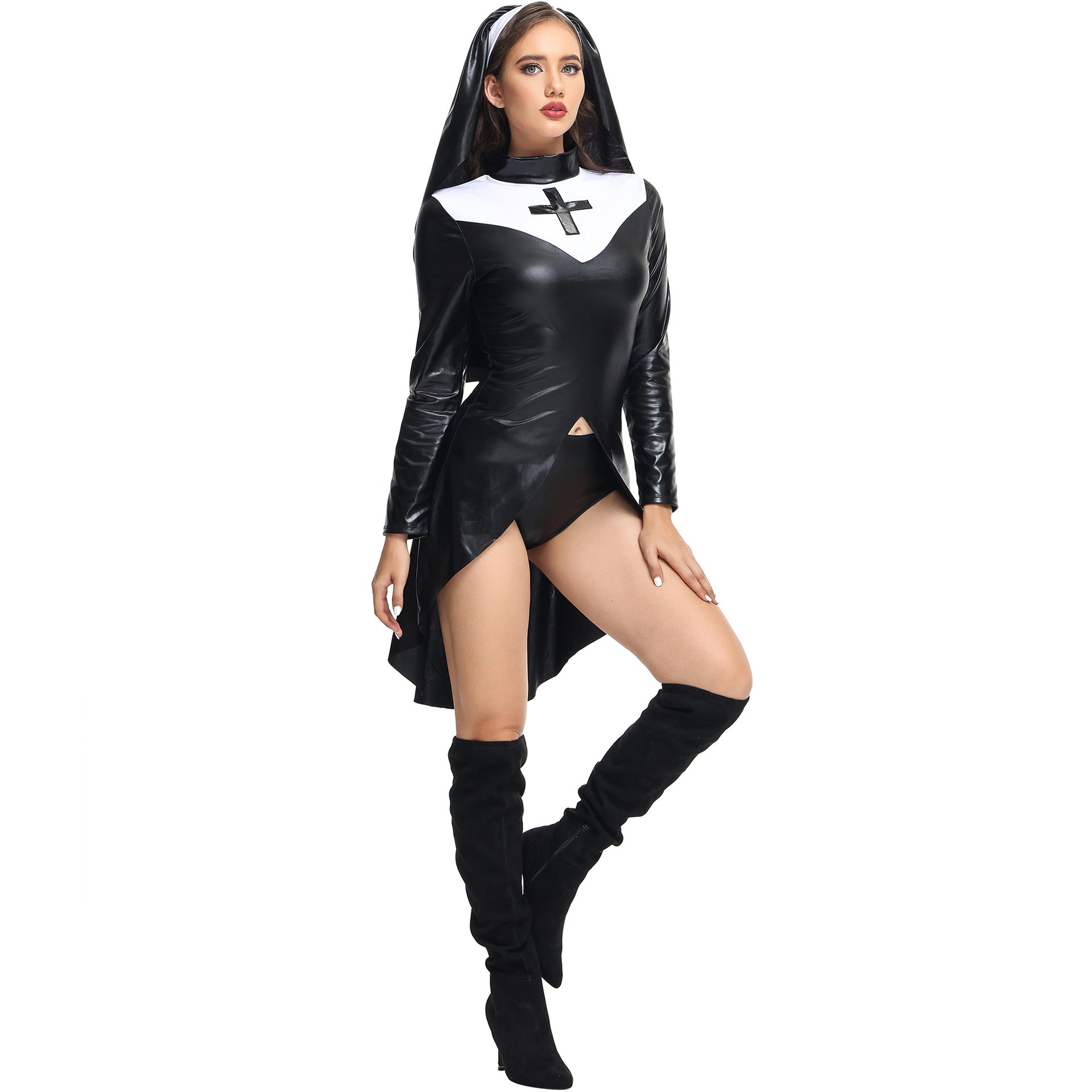 S-XXL Halloween leather nun costume PU leather punk nun costume Nun costumeCOS uniform